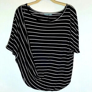 Pleione Black White Striped Twist Side Short Sleeve Top